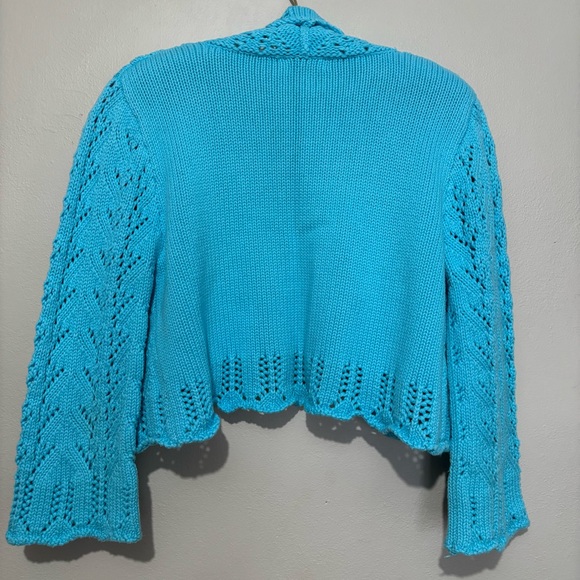 Vtg Blue Crochet Knit Open Front Cardigan Shrug Size Large Ruffles Y2K - Picture 9 of 11